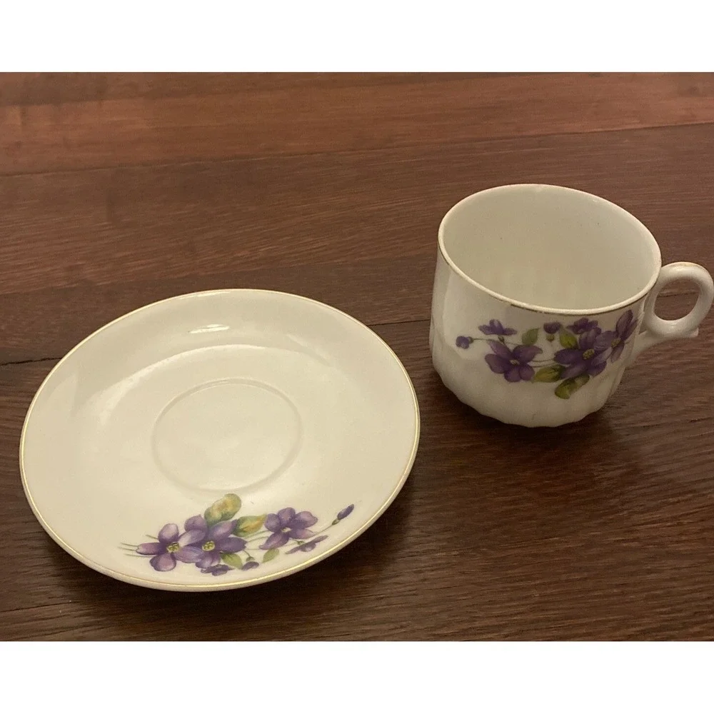 Purple‎ Floral Tea Set Teacup & Saucer Vintage Ceramic Gold Trimmed Japan
